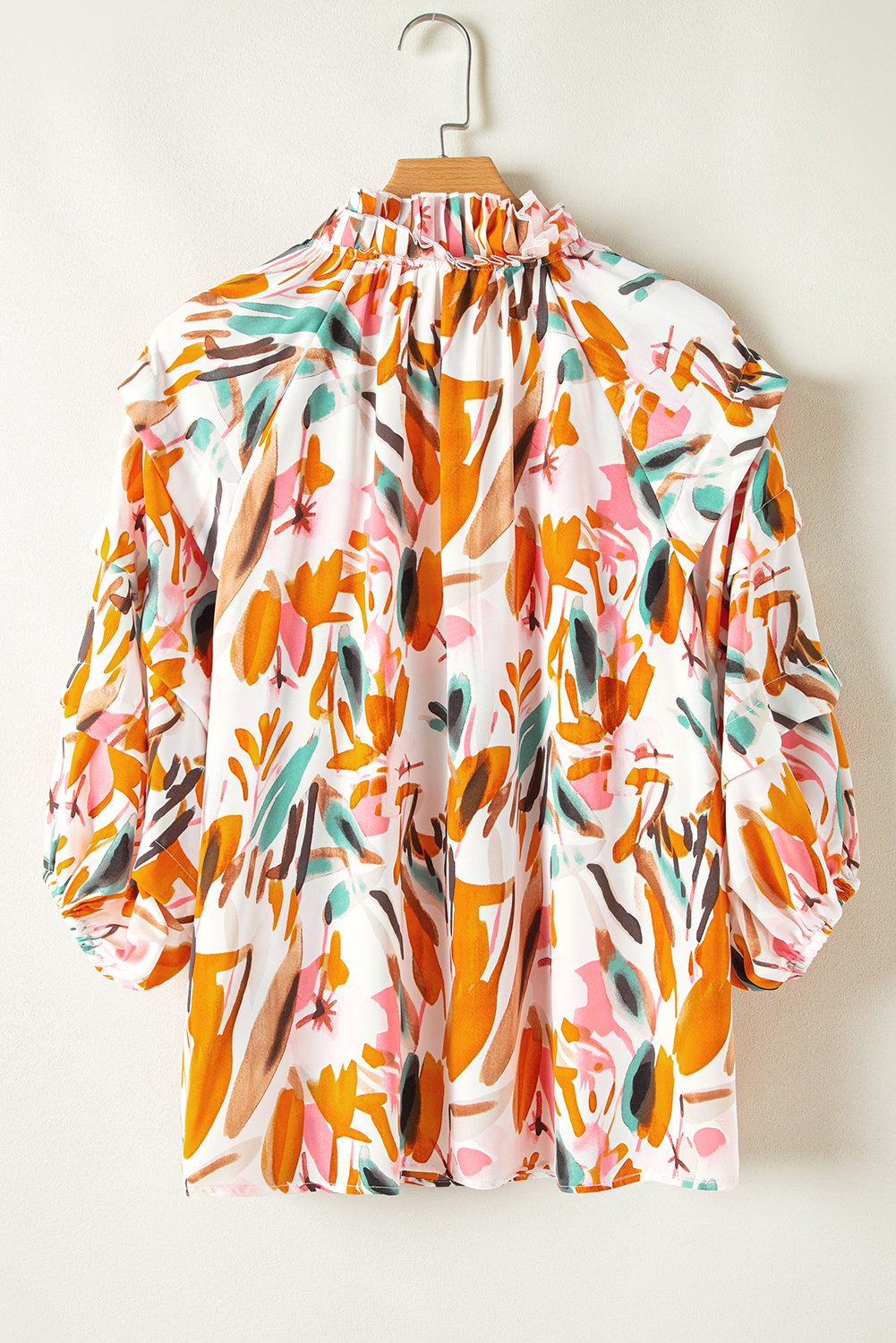 Yellow Abstract Print Drawstring Frilled V Neck 3/4 Sleeve Blouse - loveforevers