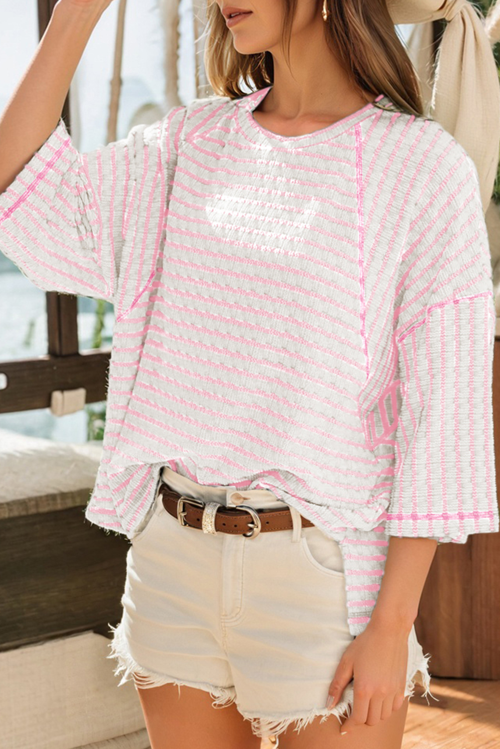 Pink Stripe Textured Knit Split Hem Half Sleeve Loose Top - loveforevers