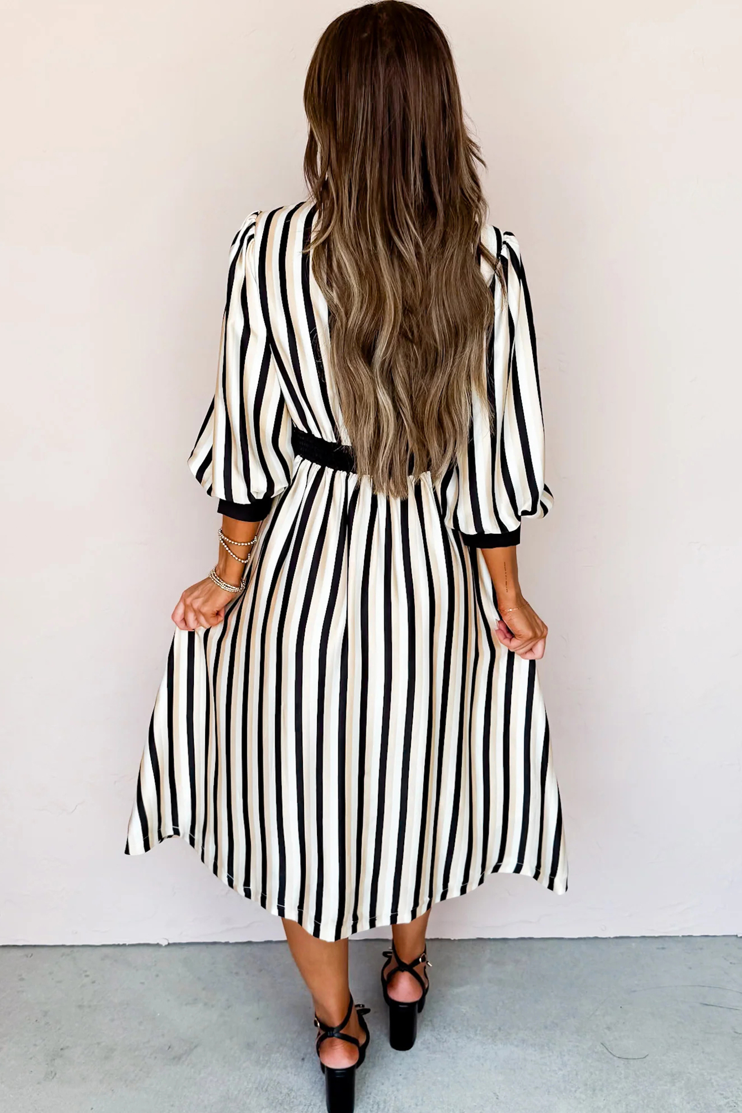 Black Stripe 3/4 Puff Sleeve Shirt Style Button Down Midi Dress - loveforevers