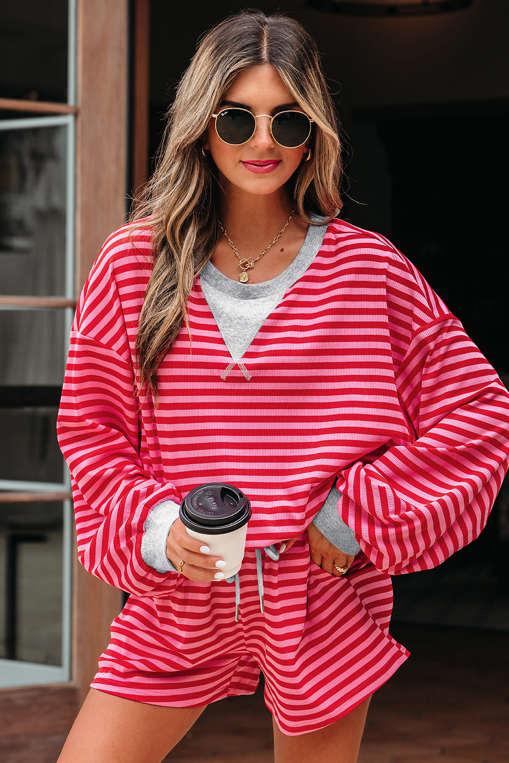Red Stripe Drop Shoulder Baggy Pullover and Shorts Casual Set - loveforevers