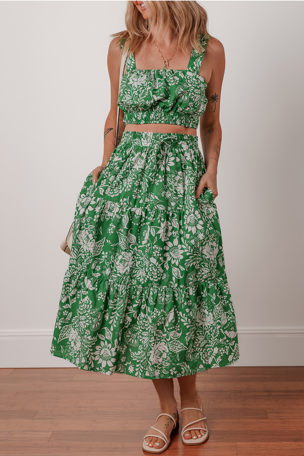 Green Floral Print Shirred Crop Top and High Waist Midi Skirt Set - loveforevers