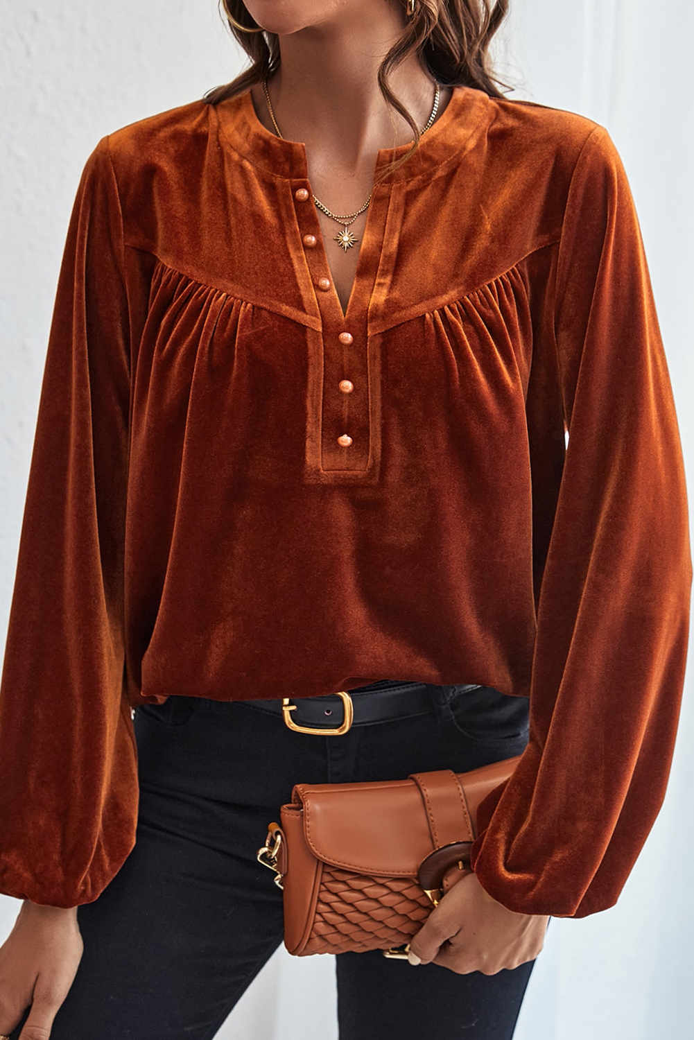 Gold Flame Lantern Sleeve Beaded Split V Neck Velvet Top - loveforevers