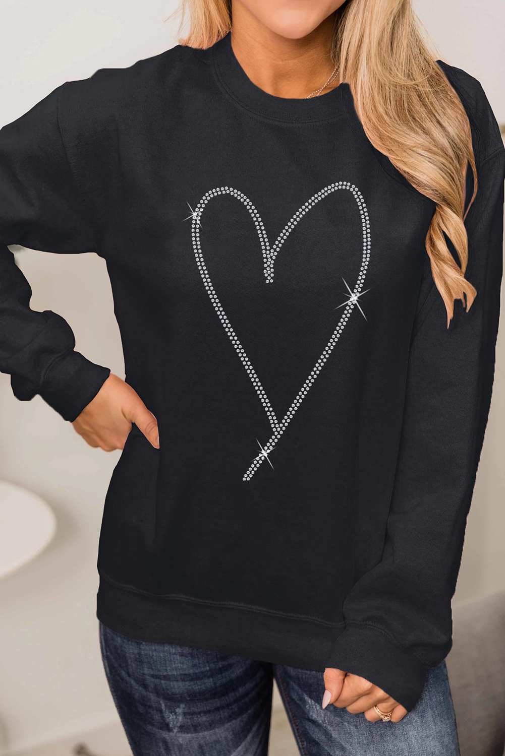 Black Rhinestone Heart Pattern Valentines Fashion Sweatshirt - loveforevers