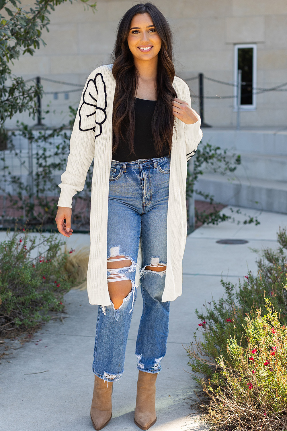 Black Flower Embroidered Drop Shoulder Open Front Duster Cardigan - loveforevers
