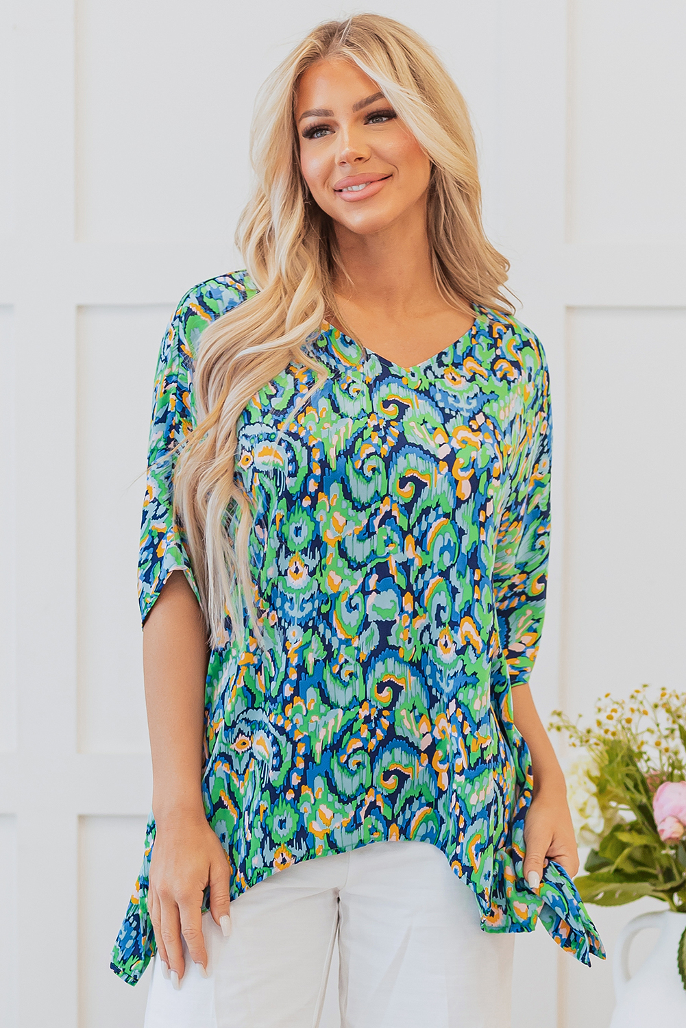 Pink Abstract Print V Neck Half Sleeve Loose Fit Tunic Blouse - loveforevers