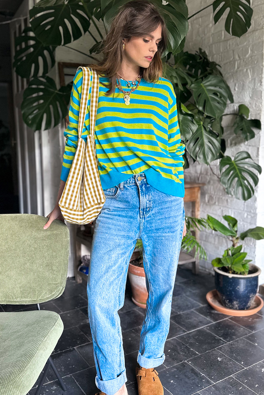 Green Stripe Crew Neck Drop Shoulder Casual Sweater - loveforevers