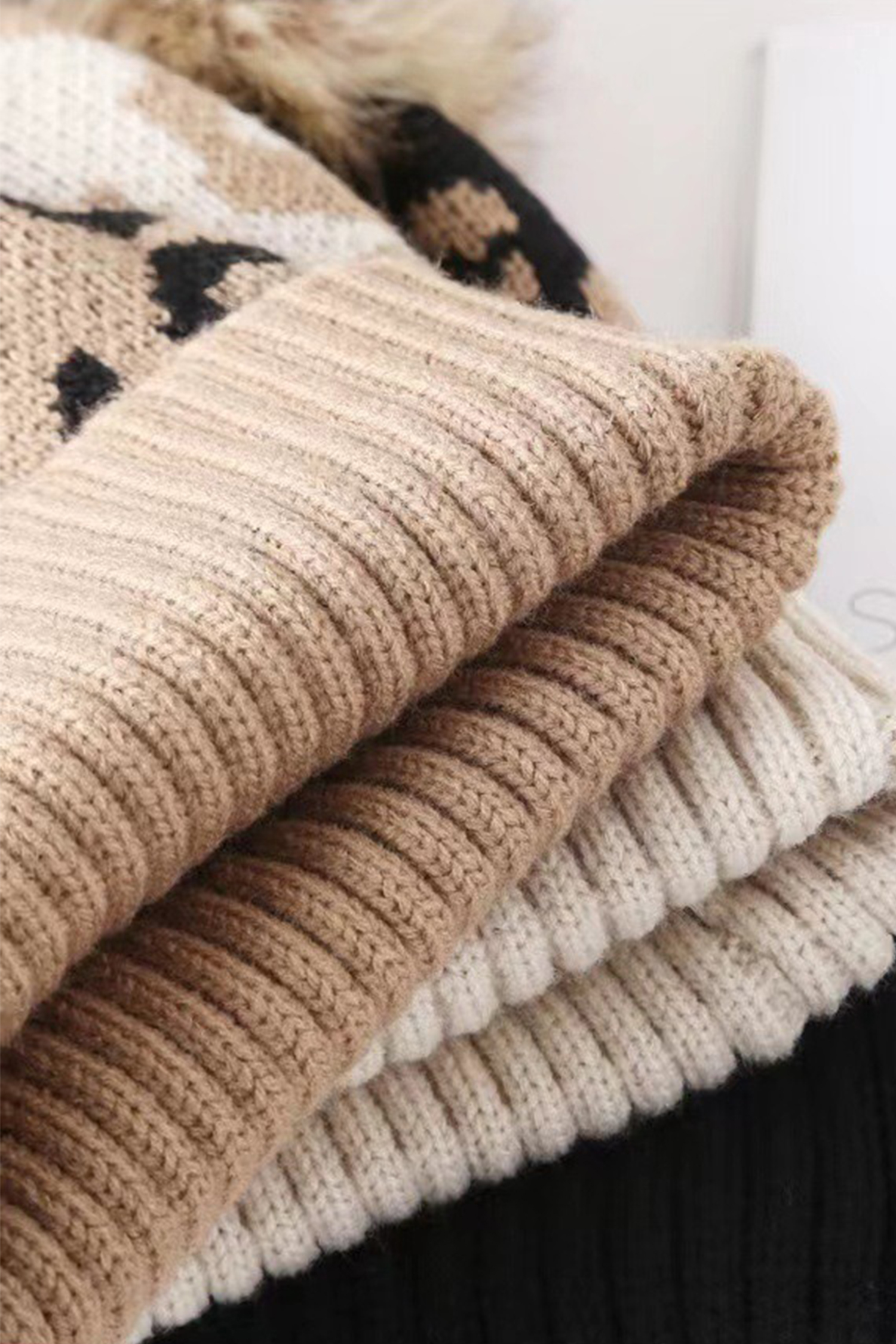 Light French Beige Faux Fur Pompom Leopard Knit Beanie - loveforevers