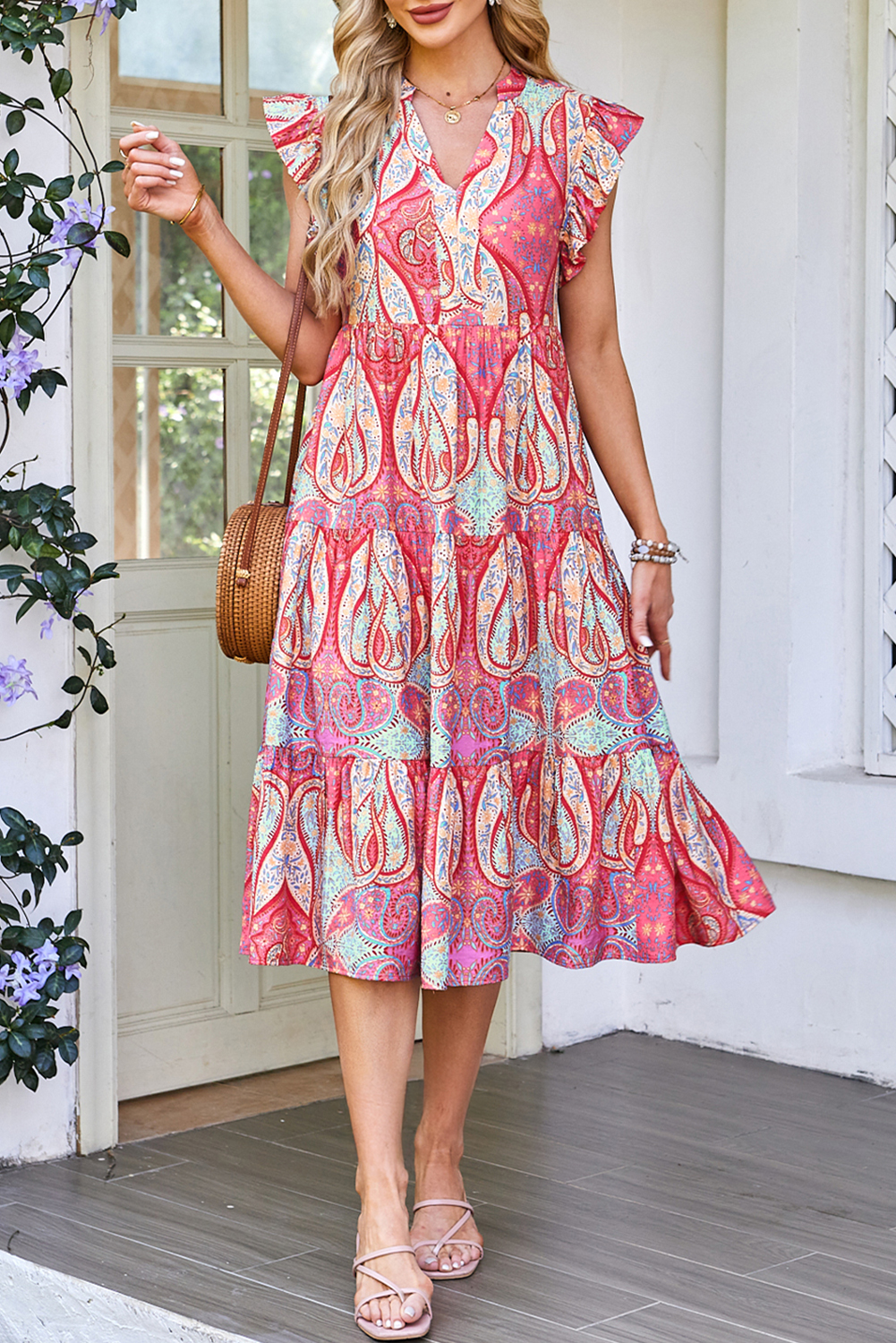 Rose Tribal Paisley Print Ruffled Sleeve Notch Neck Midi Dress - loveforevers