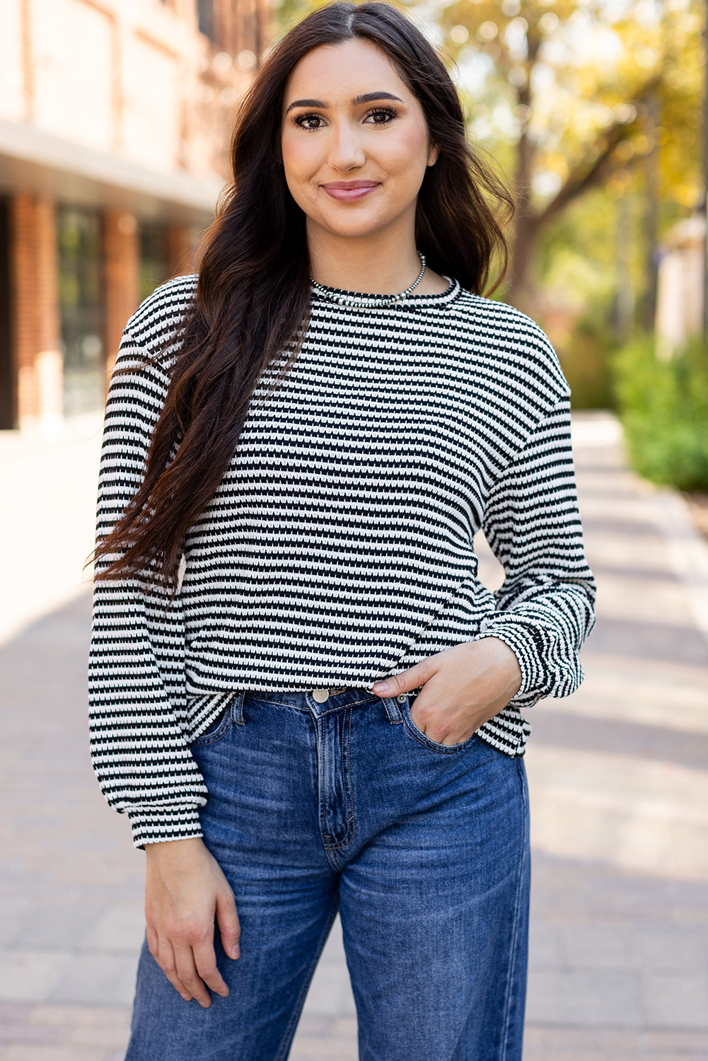 Black Stripe Round Neck Drop Shoulder Long Sleeve Top - loveforevers