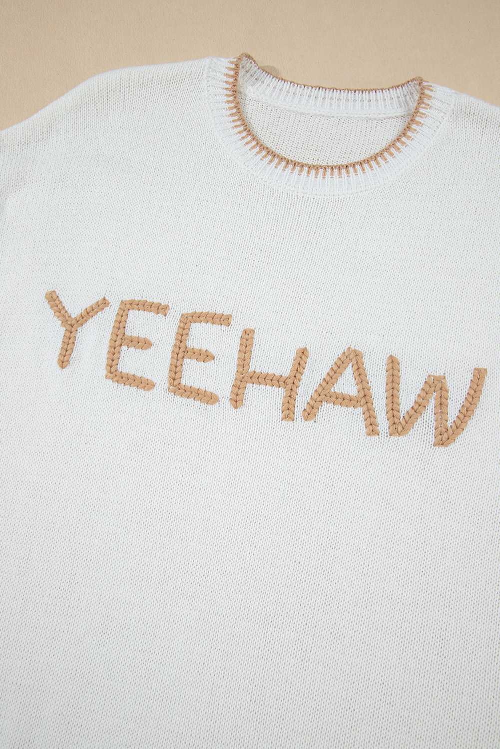 White Knitted YEEHAW Stitch Edge Crew Neck Sweater T Shirt - loveforevers