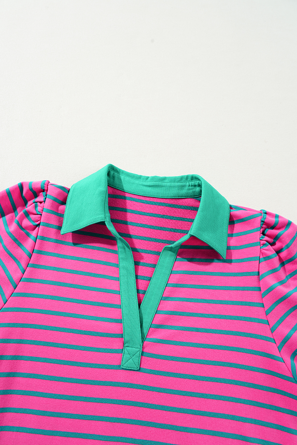 Pink Stripe Collared V Neck Puff Sleeve T Shirt Dress - loveforevers