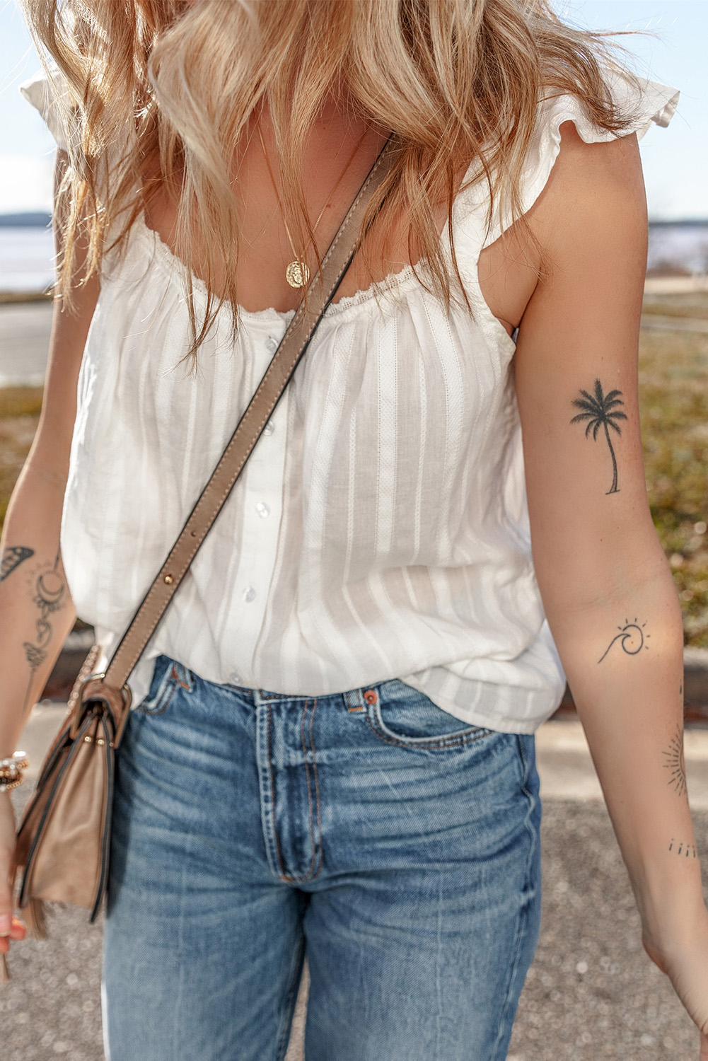 White Lace Crochet Ruffled Buttoned Loose Fit Tank Top - loveforevers