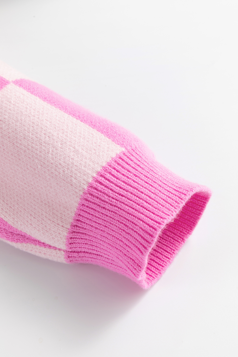 Pink Checkerboard Half Button Collared Drop Shoulder Sweater - loveforevers