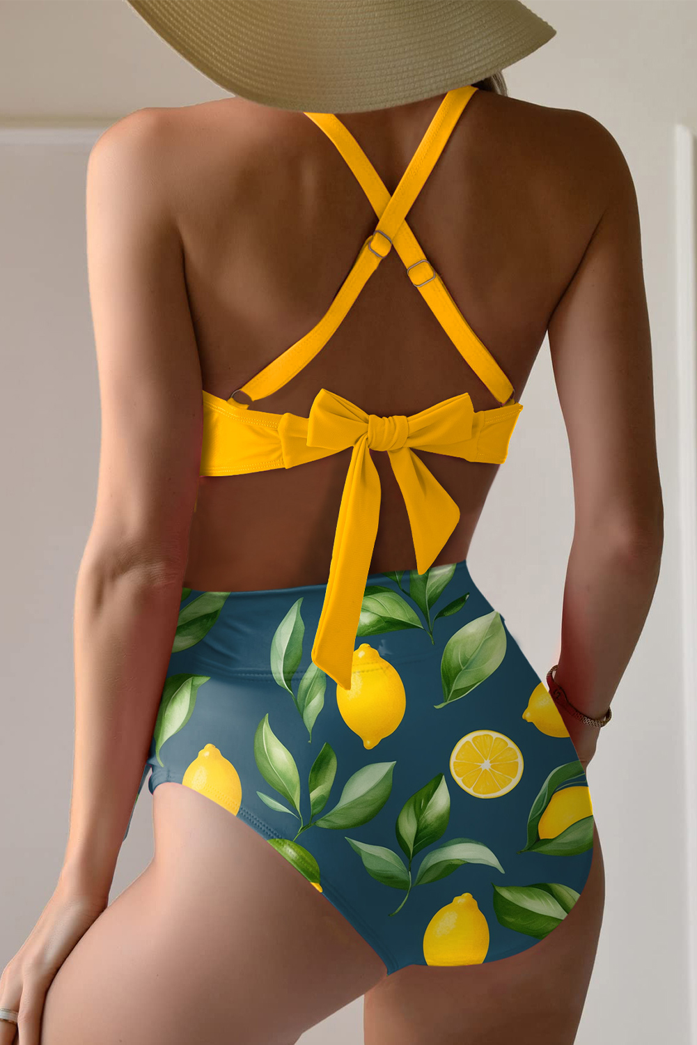 Yellow Crossed Straps Twisted Tropical Print Knot Side High Waist Bottom 2pcs Swimsuit - loveforevers