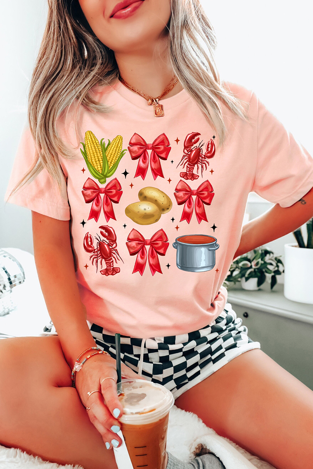 Pink Summer Food Bow Crawfish Printed T Shirt - loveforevers