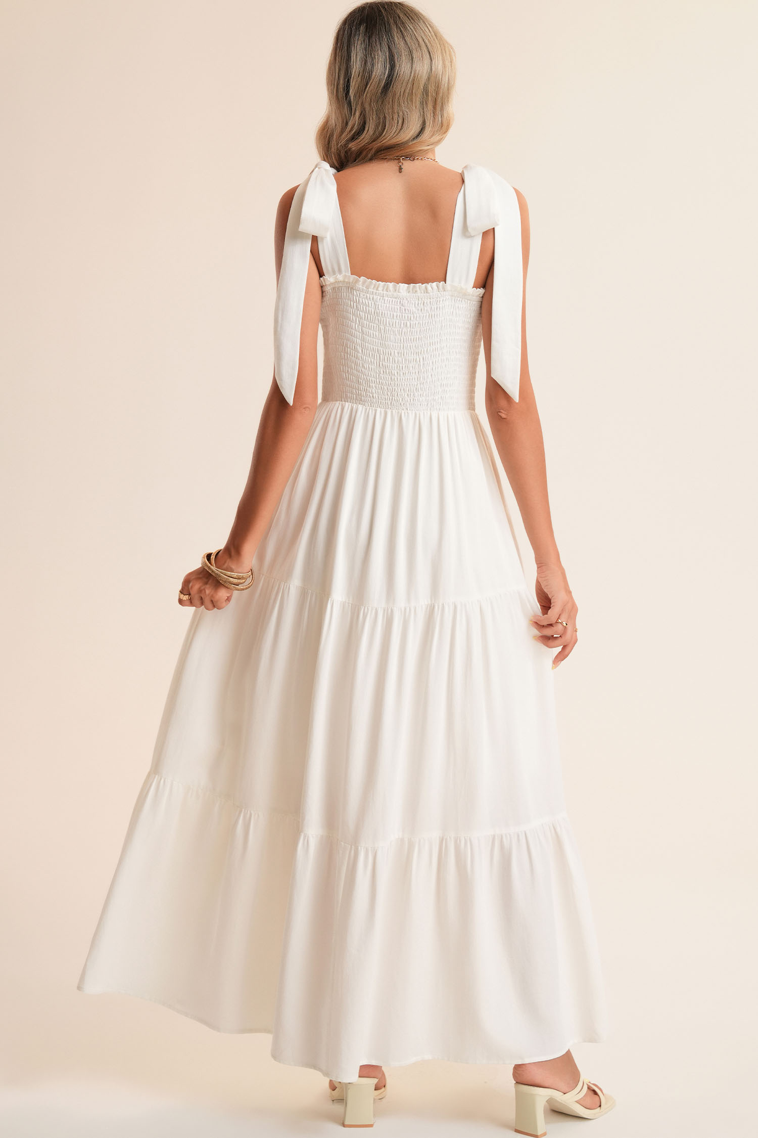 White Customizable Knot Straps Smocked Bodice Tiered Blank Maxi Dress - loveforevers