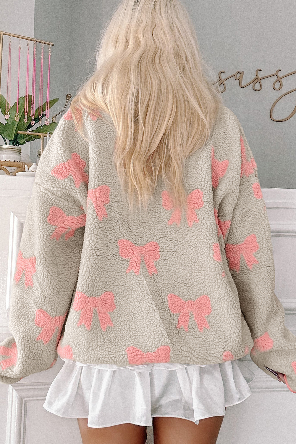 Gray Bow Sherpa Quarter Zip Drop Shoulder Baggy Sweatshirt - loveforevers