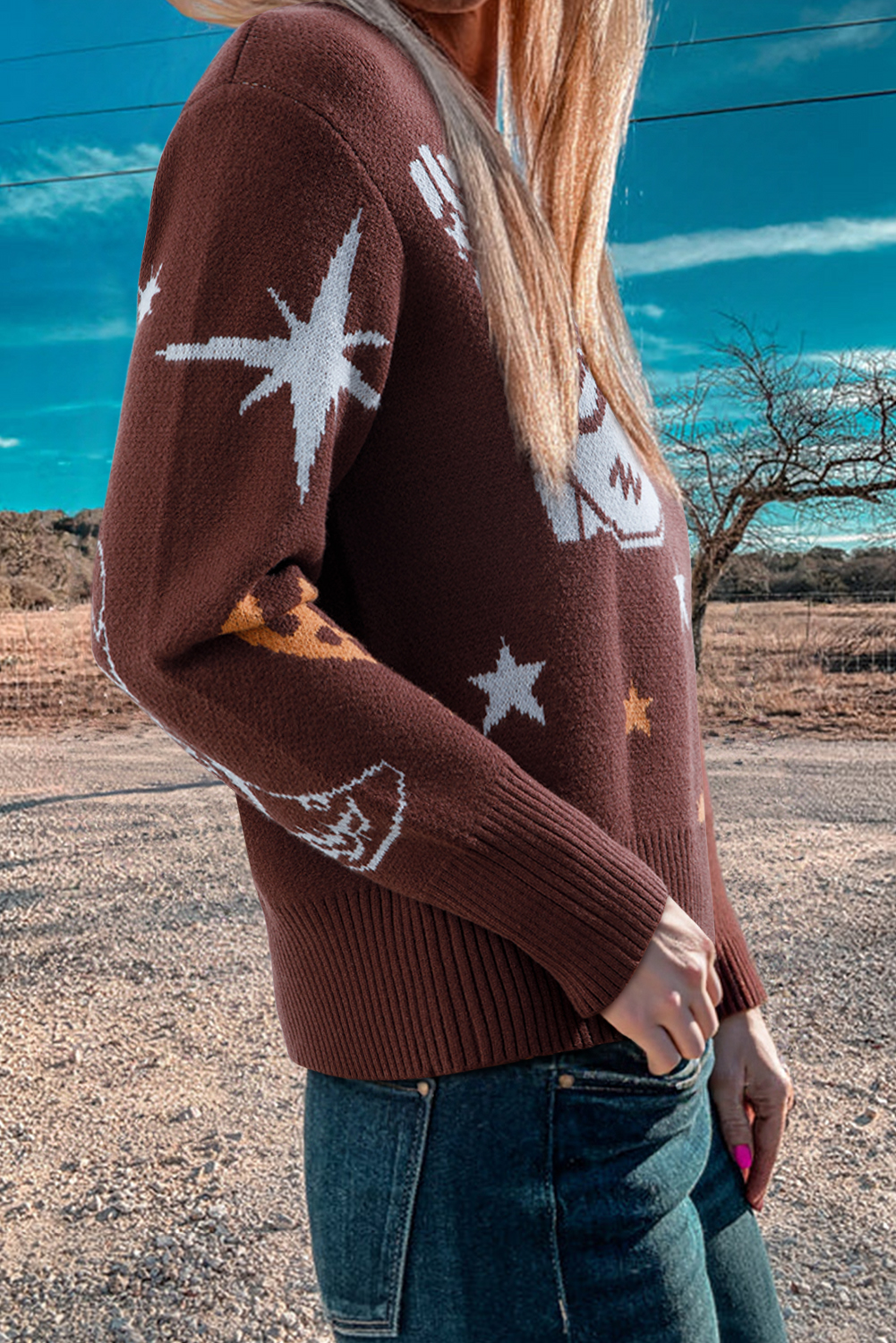 Brown Cowgirl Fashion Print Casual Sweater - loveforevers