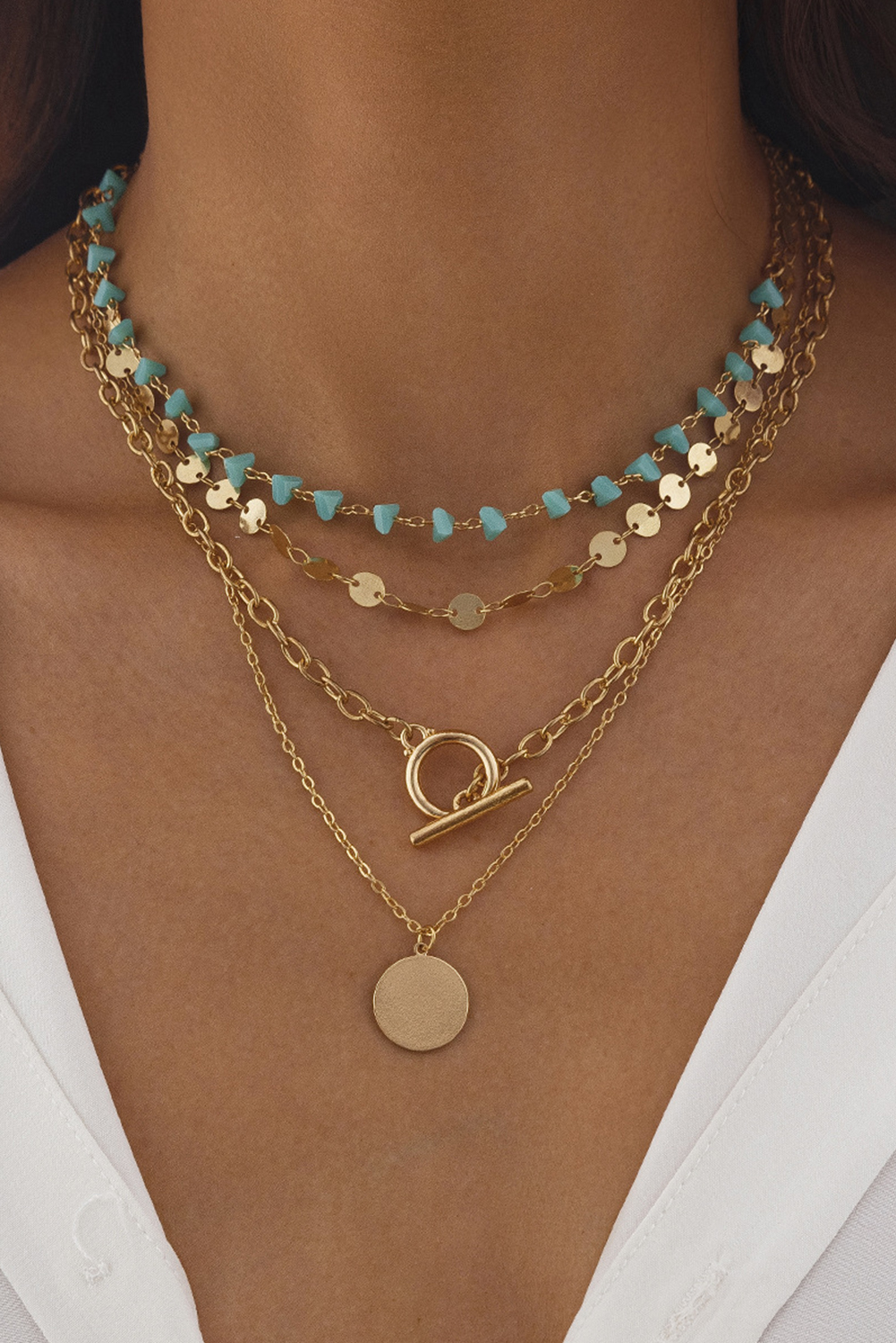 Gold Plated Toggle Disc Detail Turquoise Heart Beads 4pcs Necklace Set - loveforevers