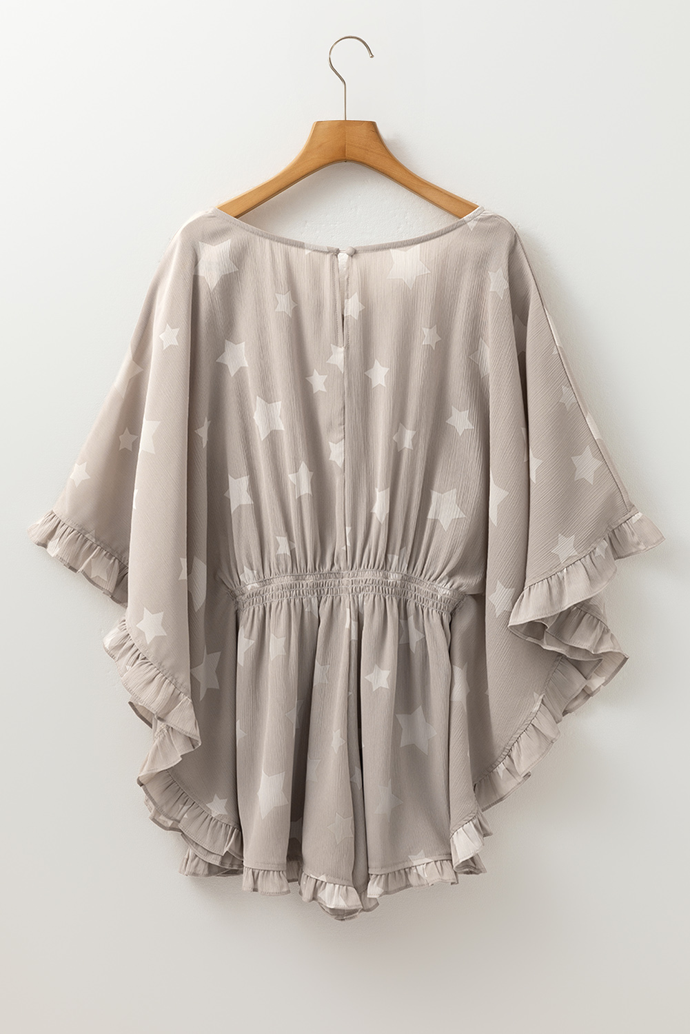 Gray Star Print Crinkle Textured Kimono Ruffle Sleeve Romper - loveforevers