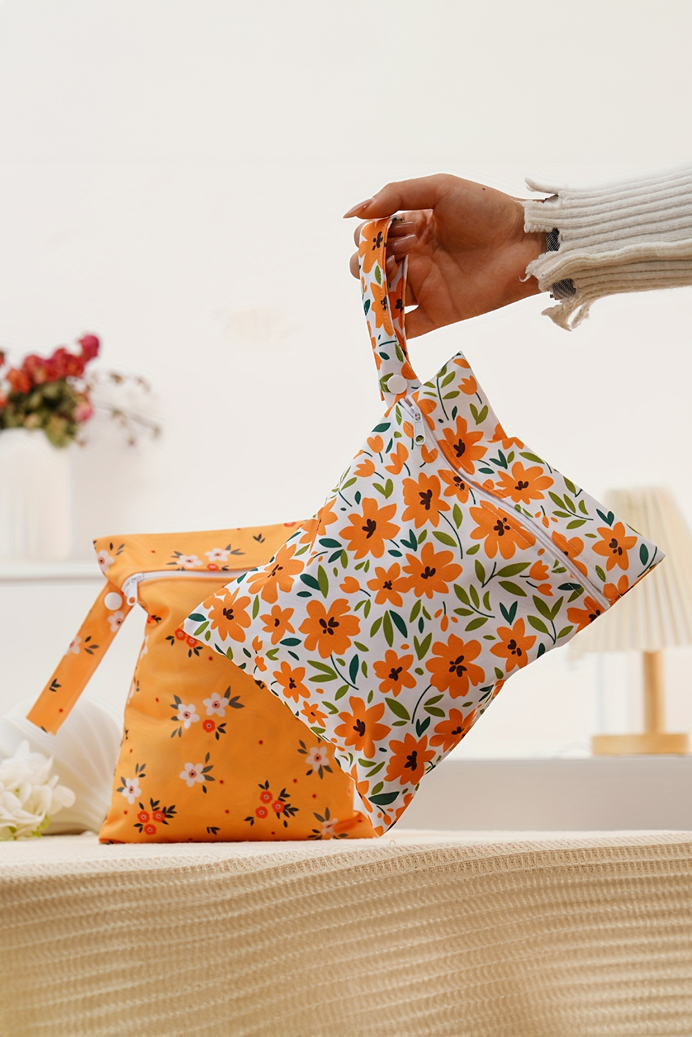 Russet Orange 2pcs Floral Print Zip Canvas Bag - loveforevers