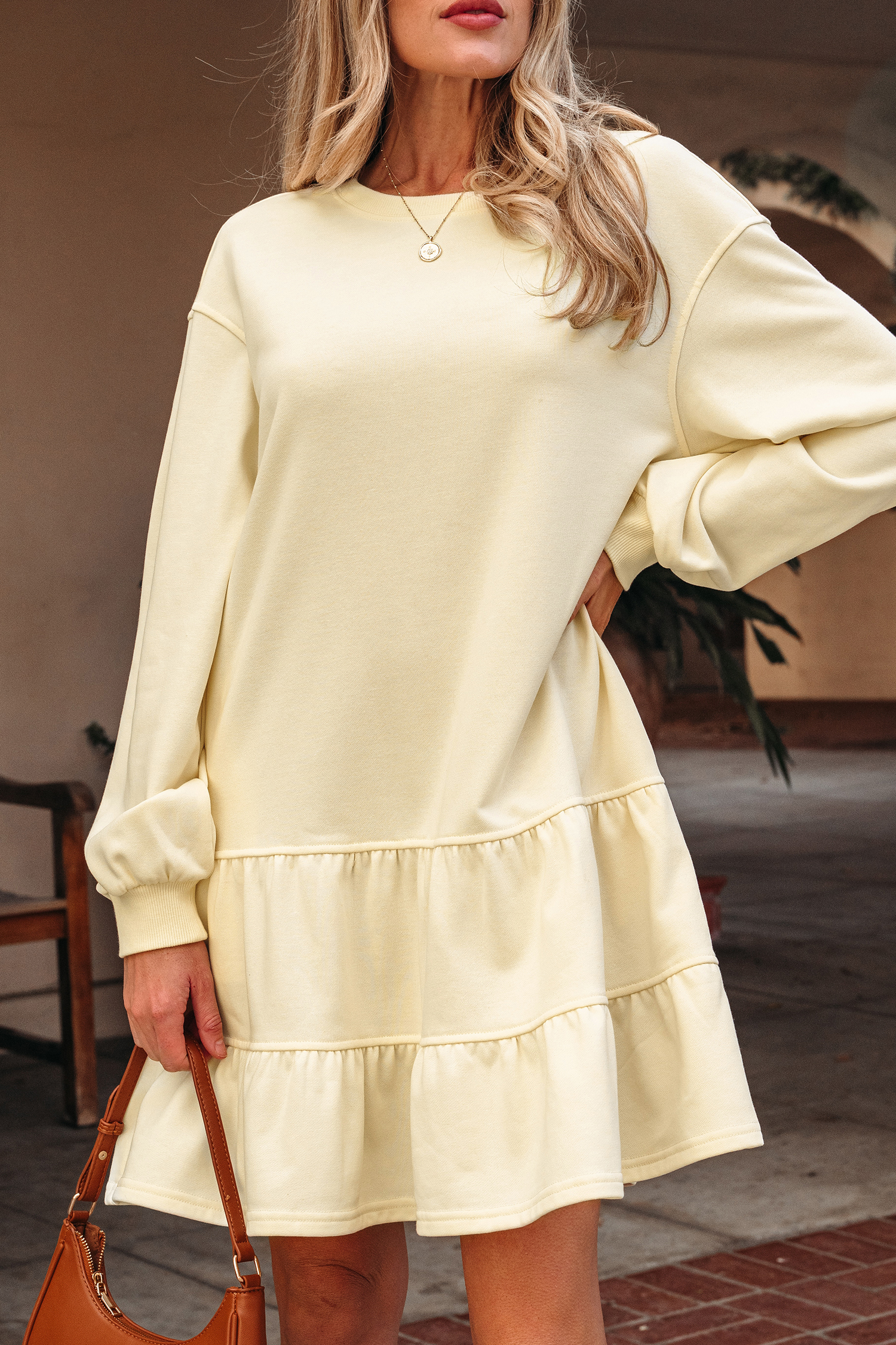 Beige Double Tiered Ruffle Hem Long Sleeve Loose Mini Dress - loveforevers