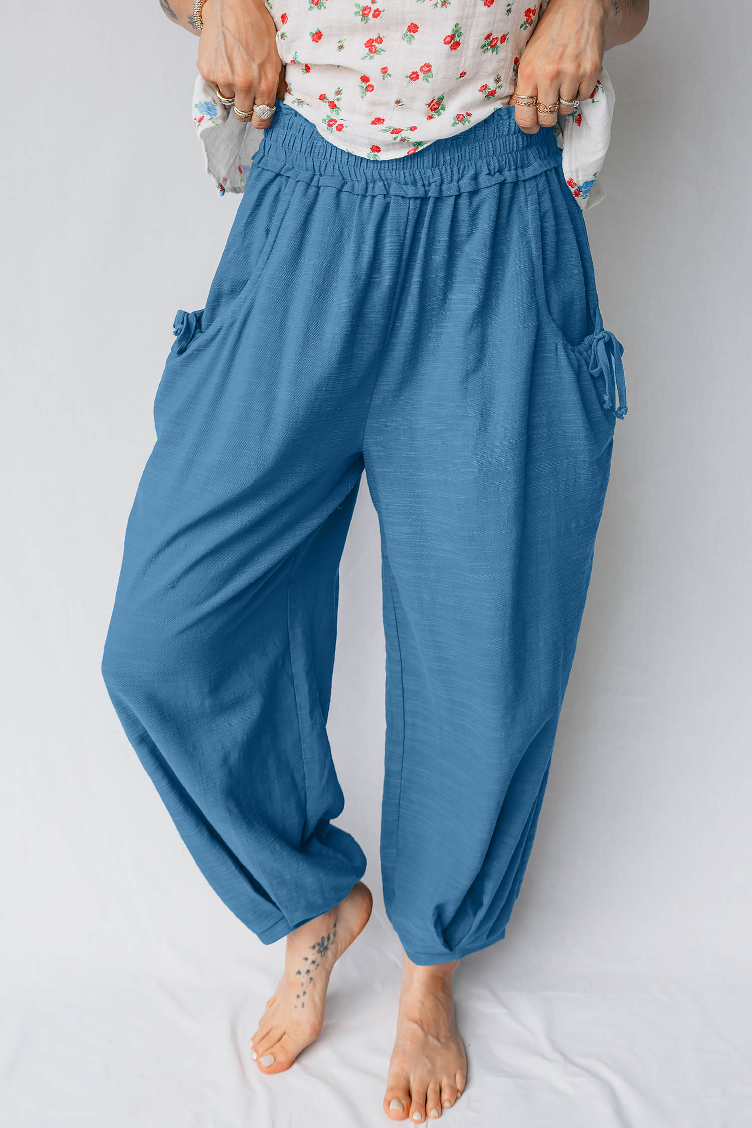 Prussian Blue Smocked Waist Casual Jogger Style Pants - loveforevers