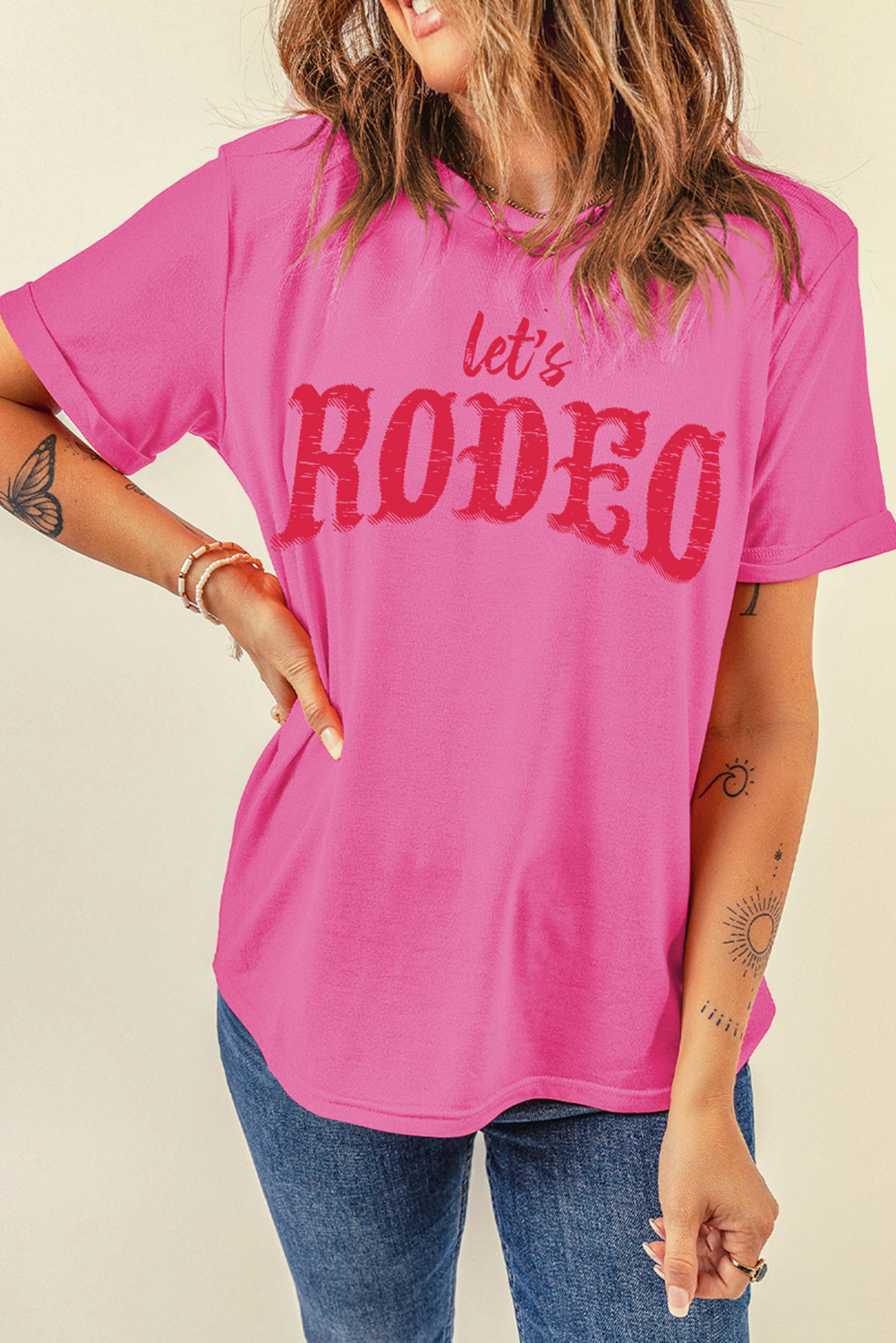 Rose Red Lets Rodeo Crew Neck Graphic Tee - loveforevers