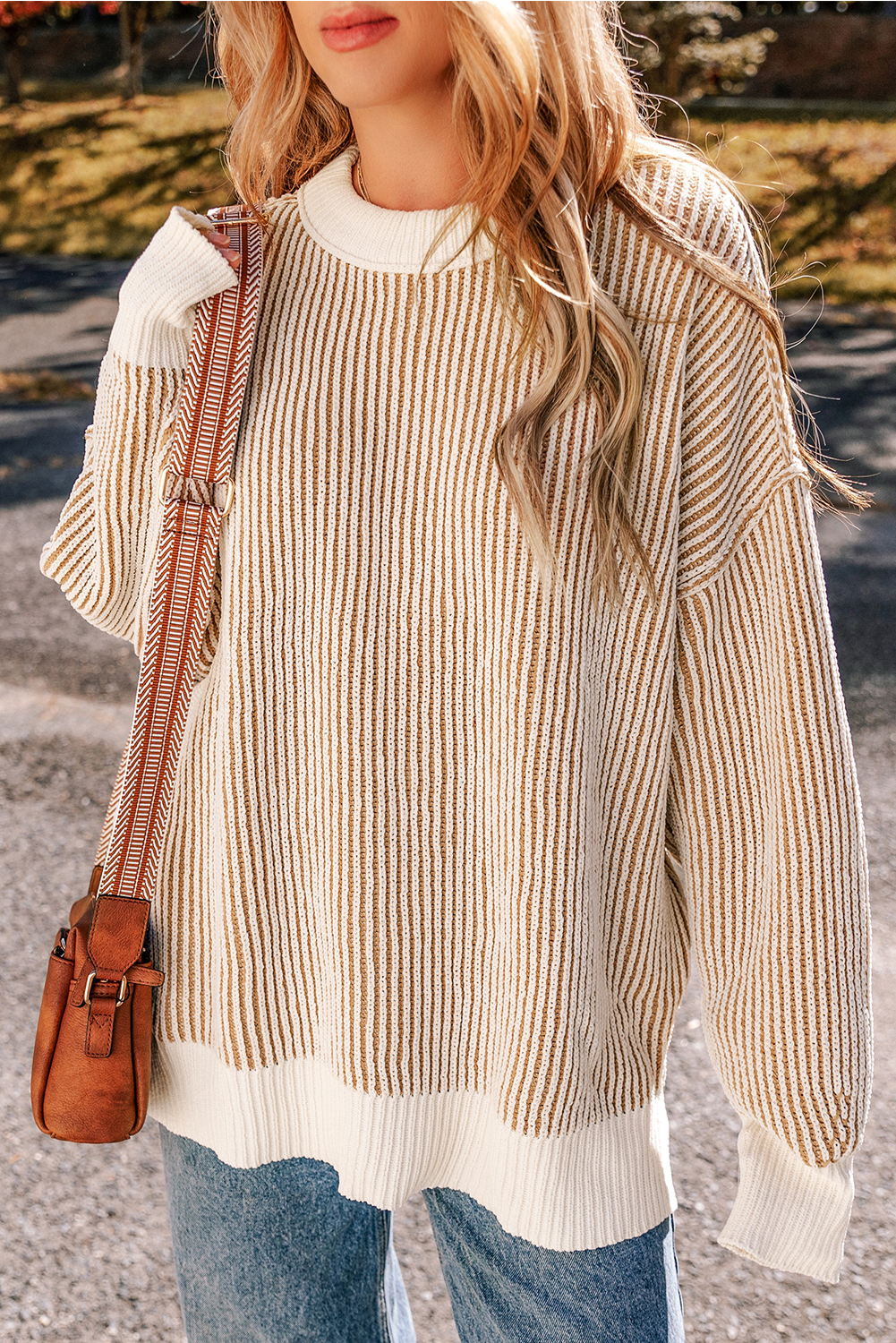Bright Pink Striped Textured Knit Contrast Edge Loose Sweater - loveforevers