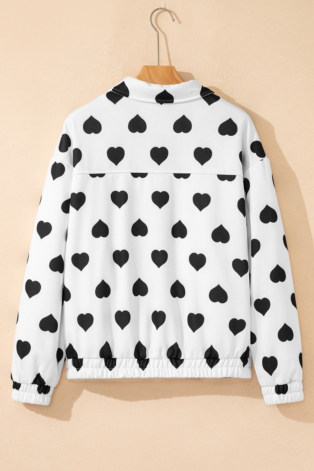 White Double Flap Pocket Heart Print Collar Zip Jacket - loveforevers