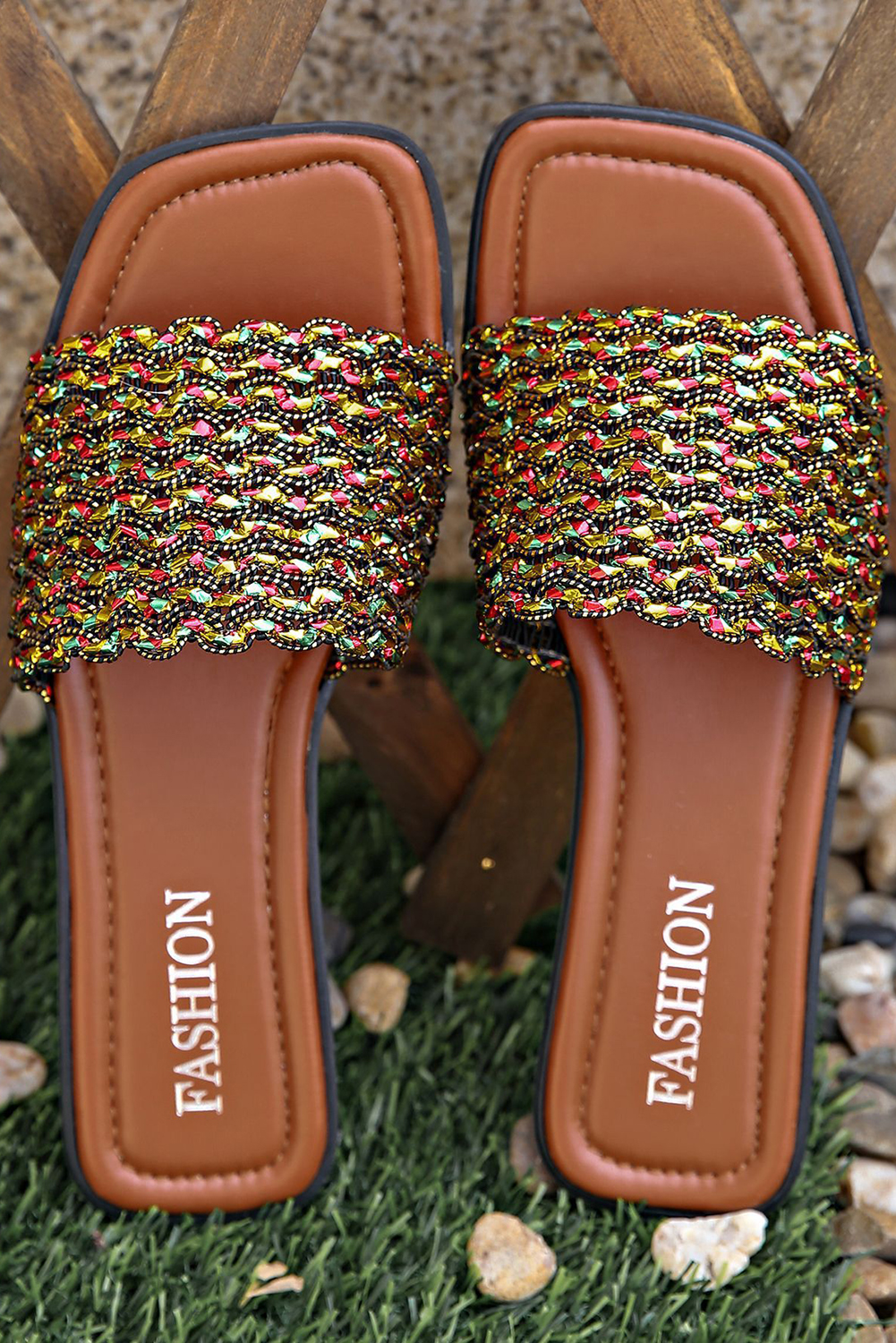 Red Dahlia Glitter Braided Square Toe PU Leather Slippers - loveforevers
