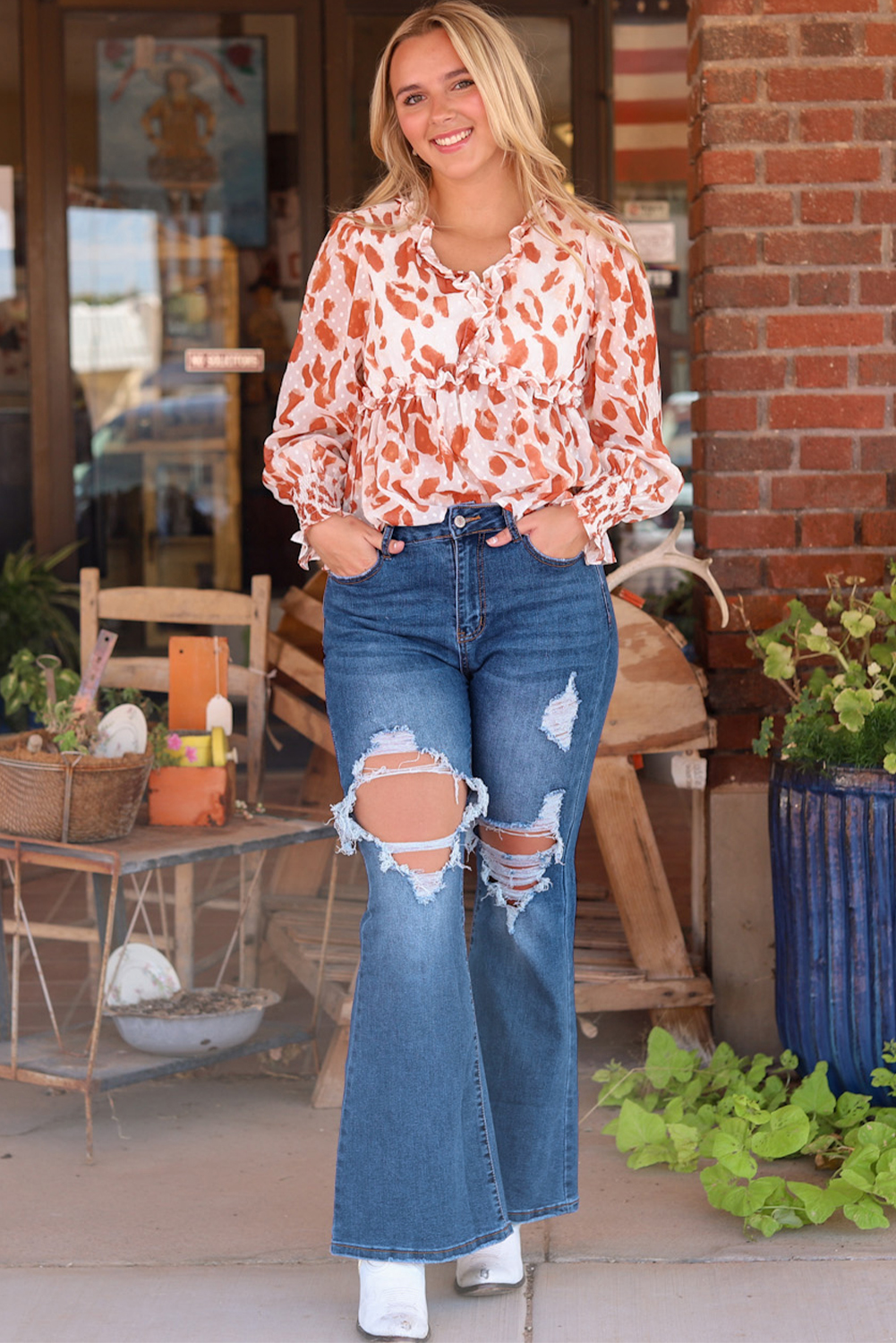 Blue High Waist Distressed Cutout Flare Leg Jeans - loveforevers