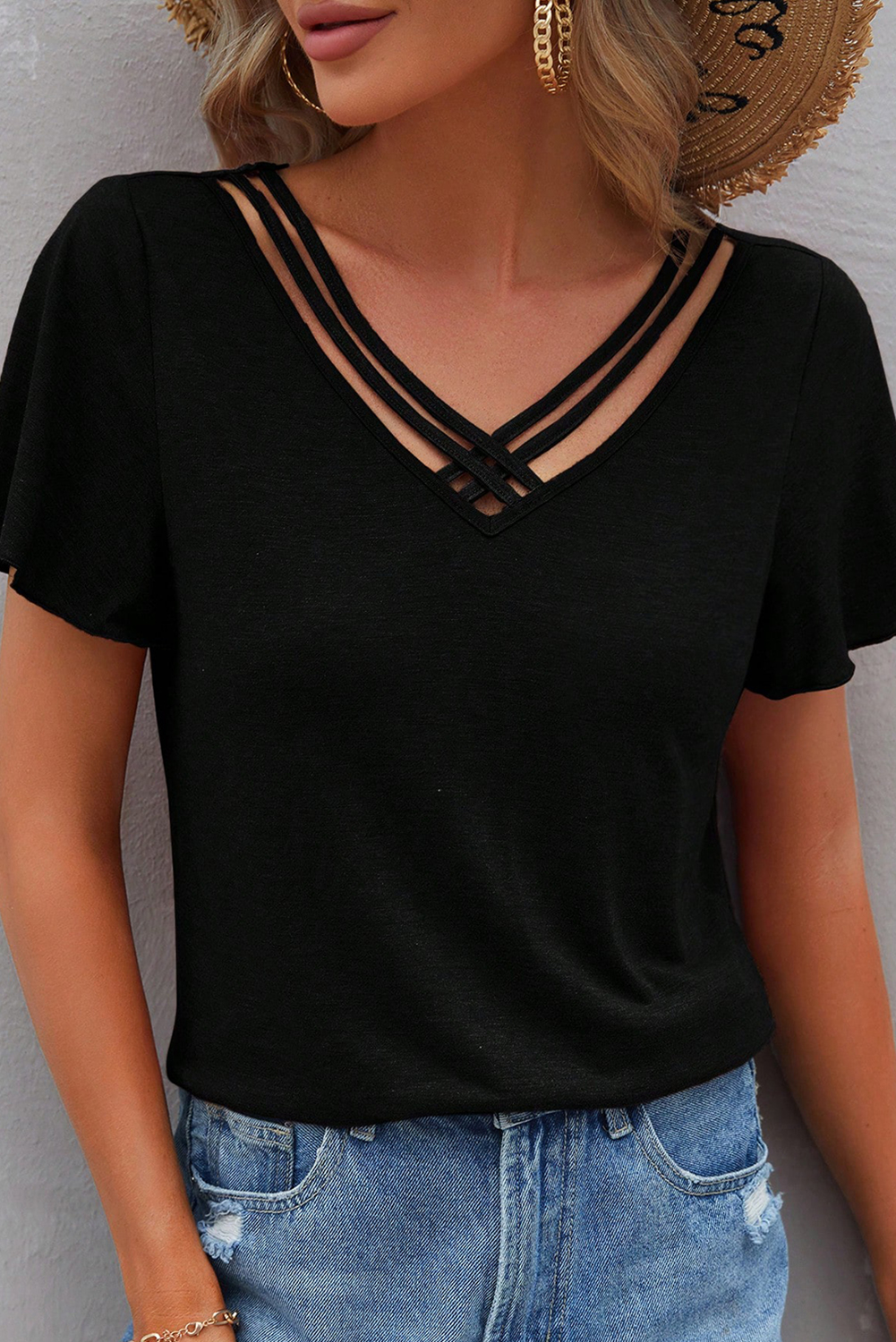 Black Crisscross V Neck Butterfly Sleeve T Shirt - loveforevers