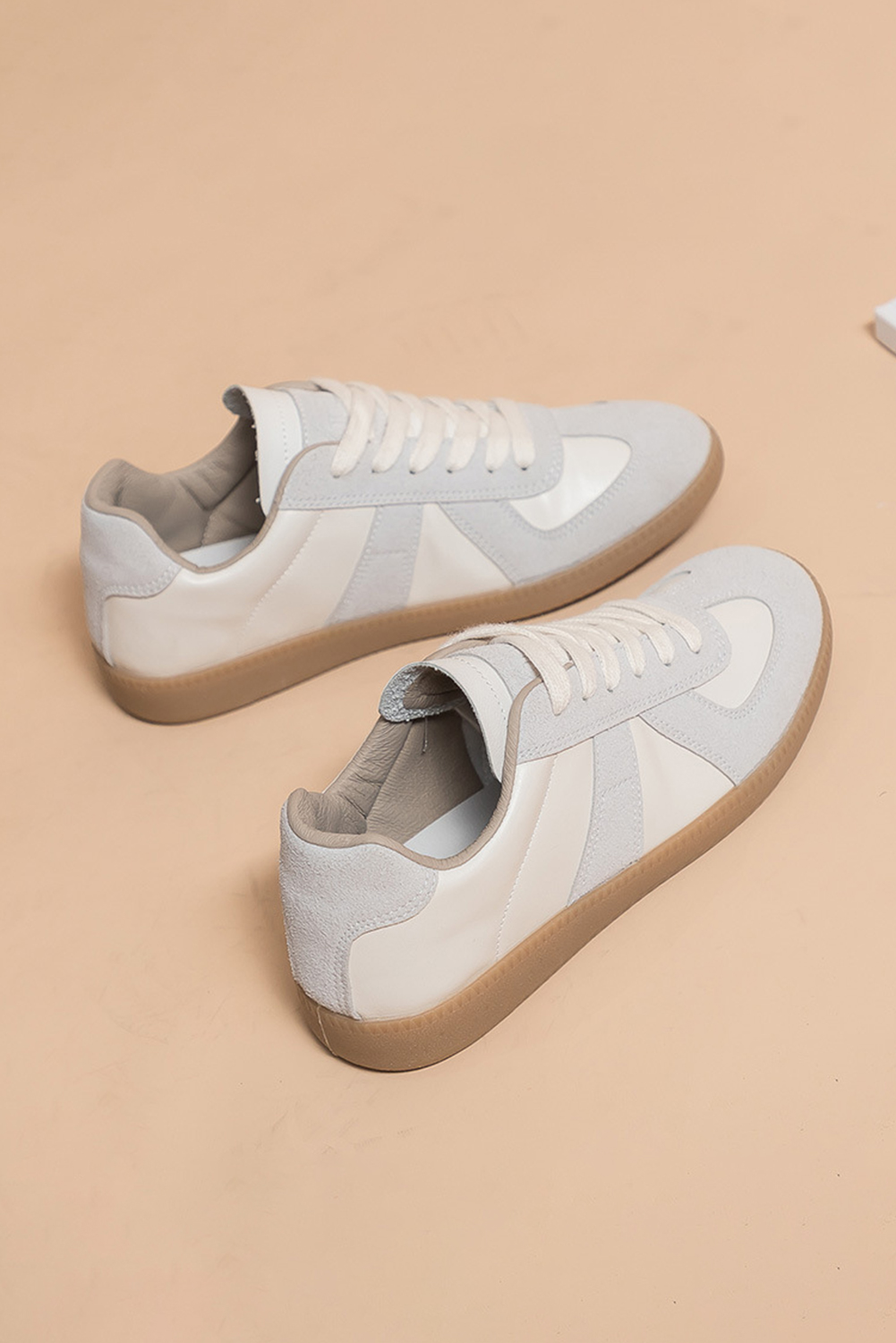 Beige PU Leather Suede Patched Lace-up Flat Shoes - loveforevers