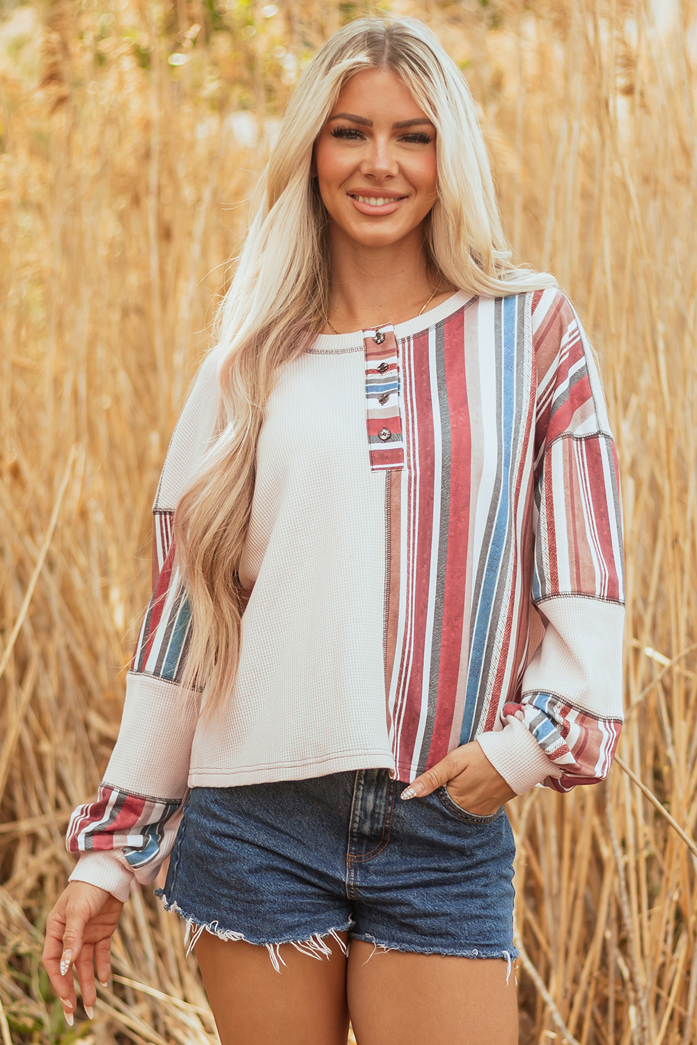 Beige Striped Waffle Patchwork Exposed Seam Raw Edge Casual Knit Top - loveforevers