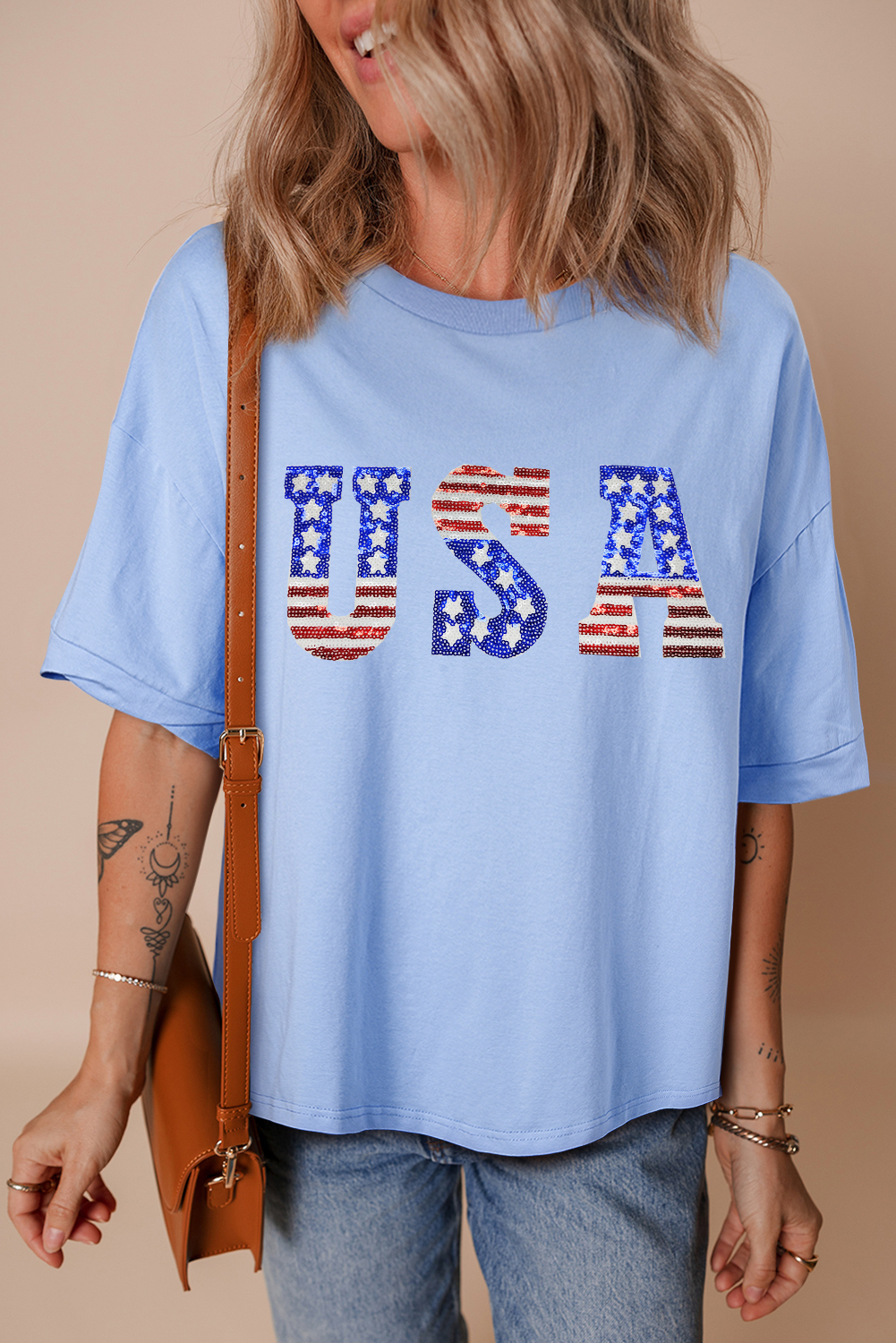 Myosotis USA Patched Drop Sleeve Crewneck T Shirt - loveforevers