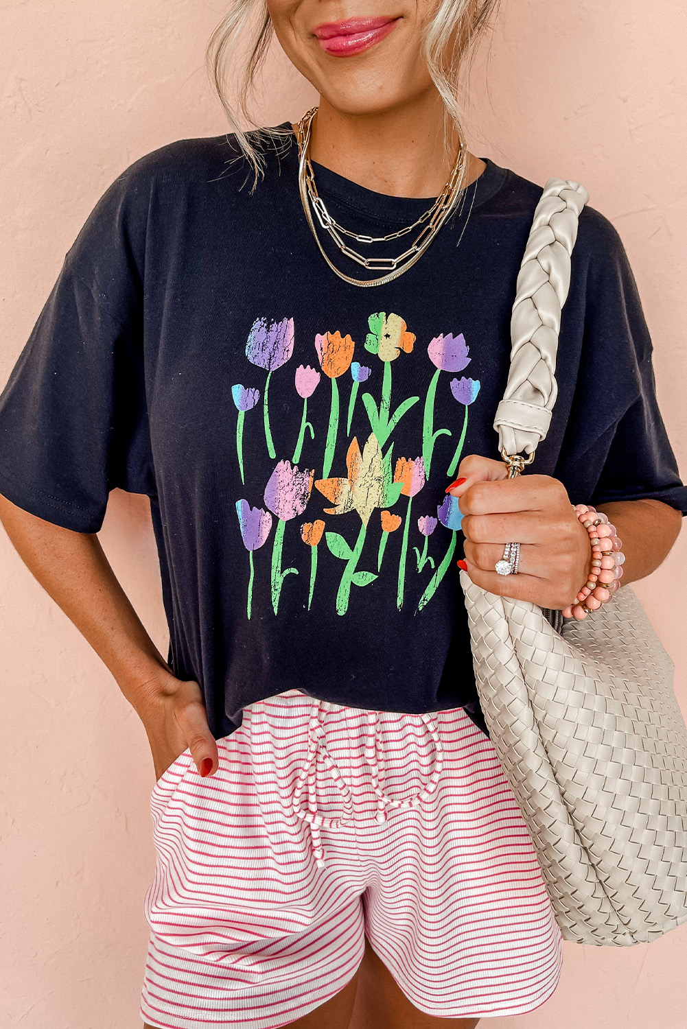 Black Floral Print Crewneck T Shirt - loveforevers