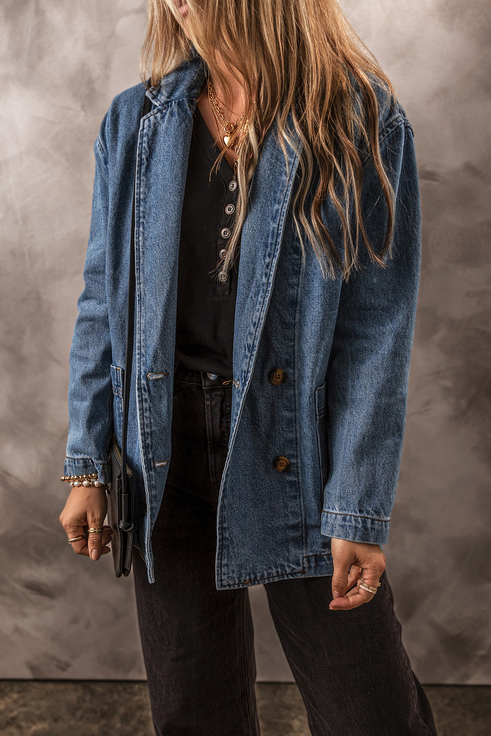 Black Side Pockets Lapel Collar Denim Jacket - loveforevers