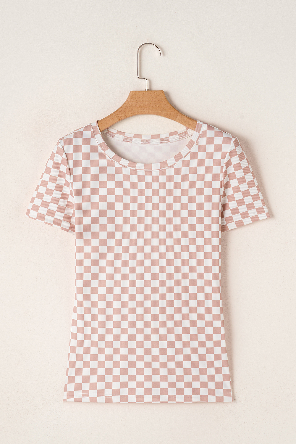 Pink Checkered Ribbed Slim Fit Crew Neck T Shirt - loveforevers