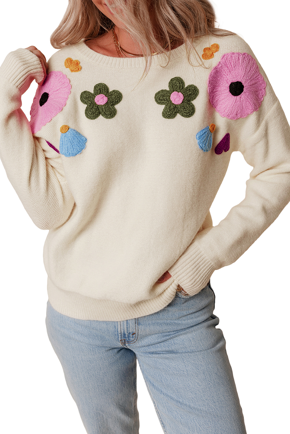 Pink Knitted Flower Pattern Ribbed Edge Sweater - loveforevers