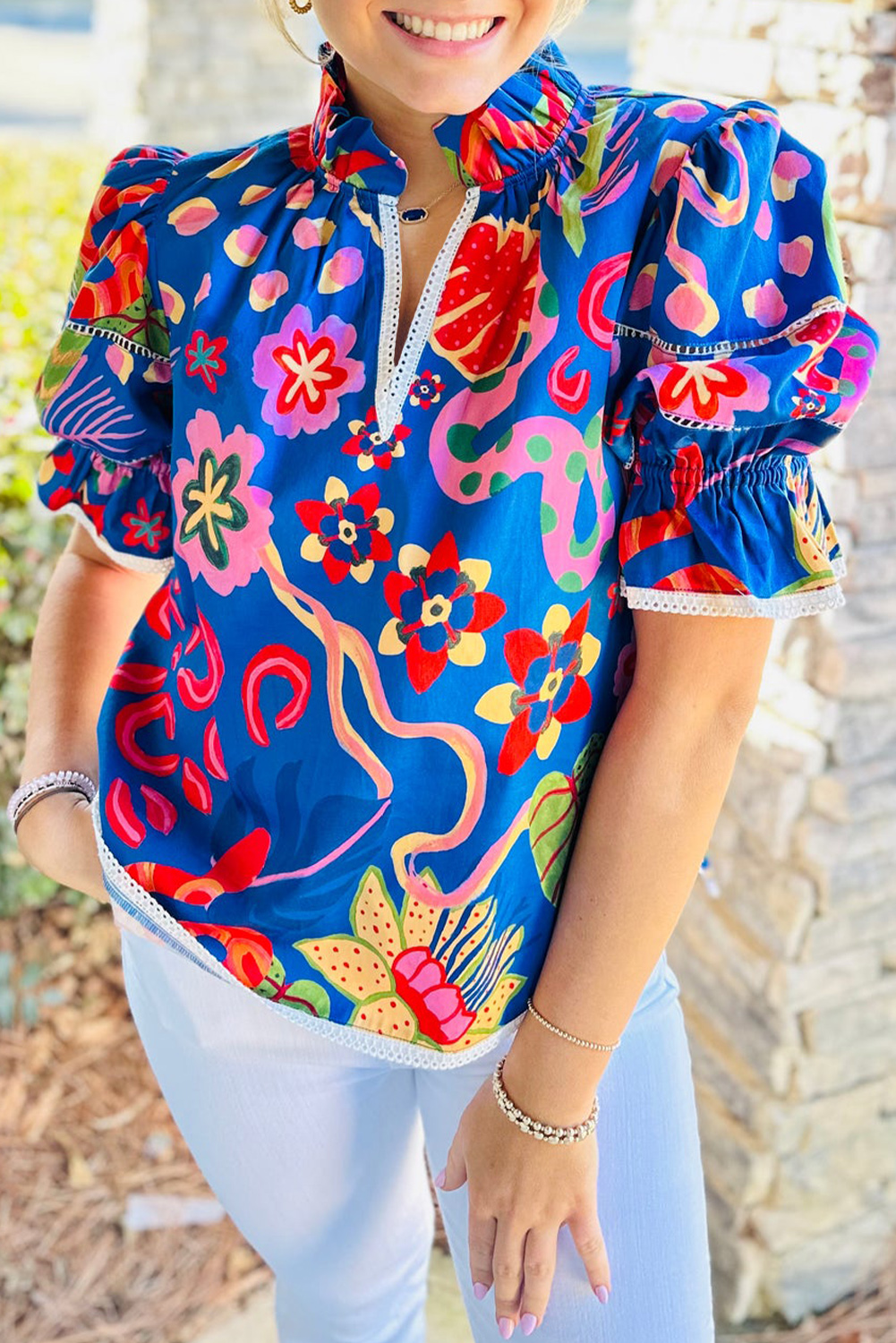 Blue Abstract Print Frilled Collar Ruffled Puff Short Sleeve Top - loveforevers