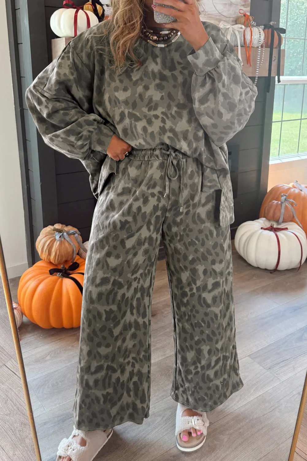 Brown Leopard Loose Tee Drawstring Waist Barrel Pants Set - loveforevers