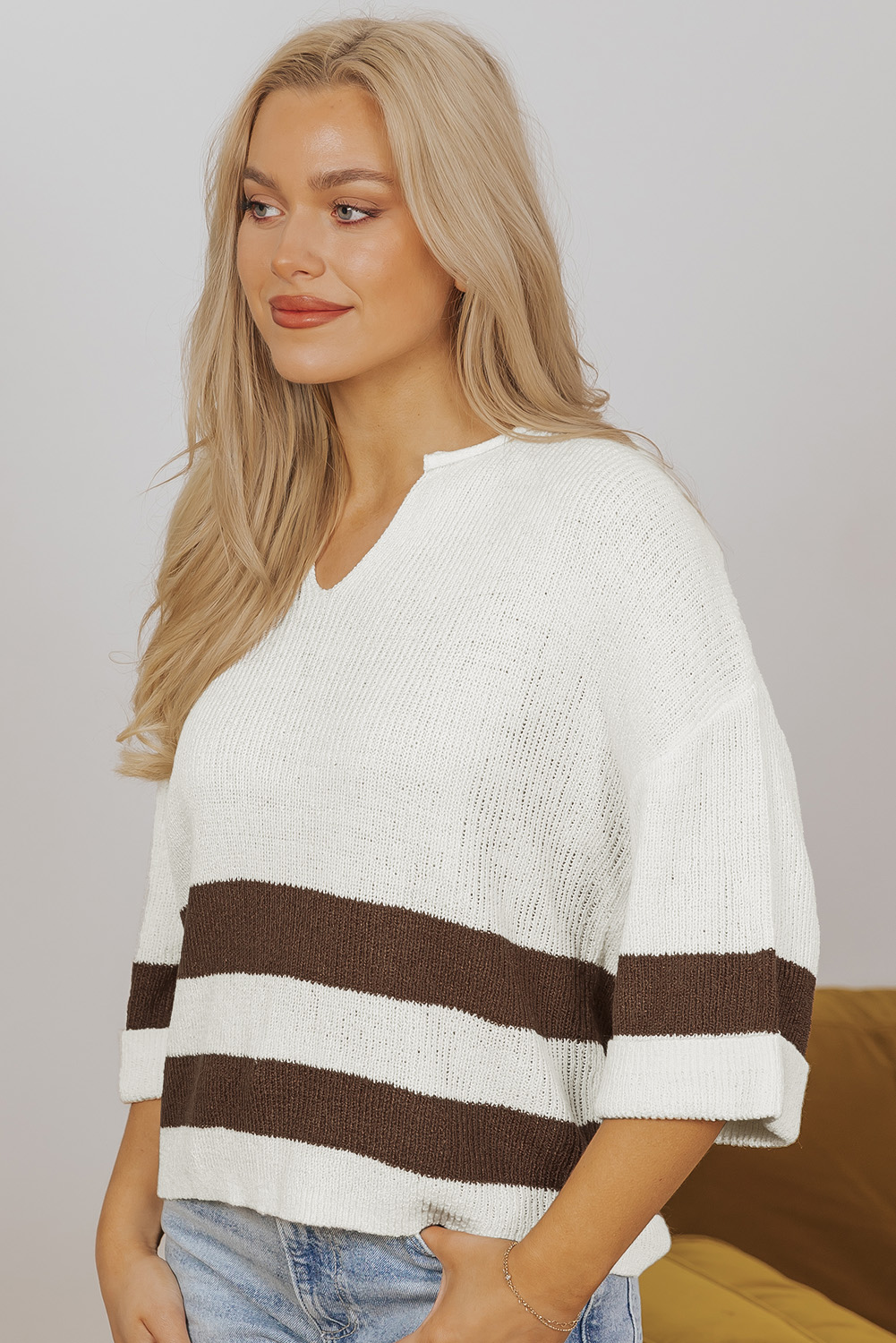 Brown Striped Accent Notched V Neck Cropped Sweater T Shirt - loveforevers