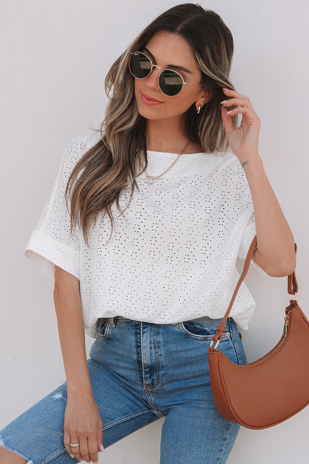White Eyelet Pattern Boat Neck Casual Tee - loveforevers