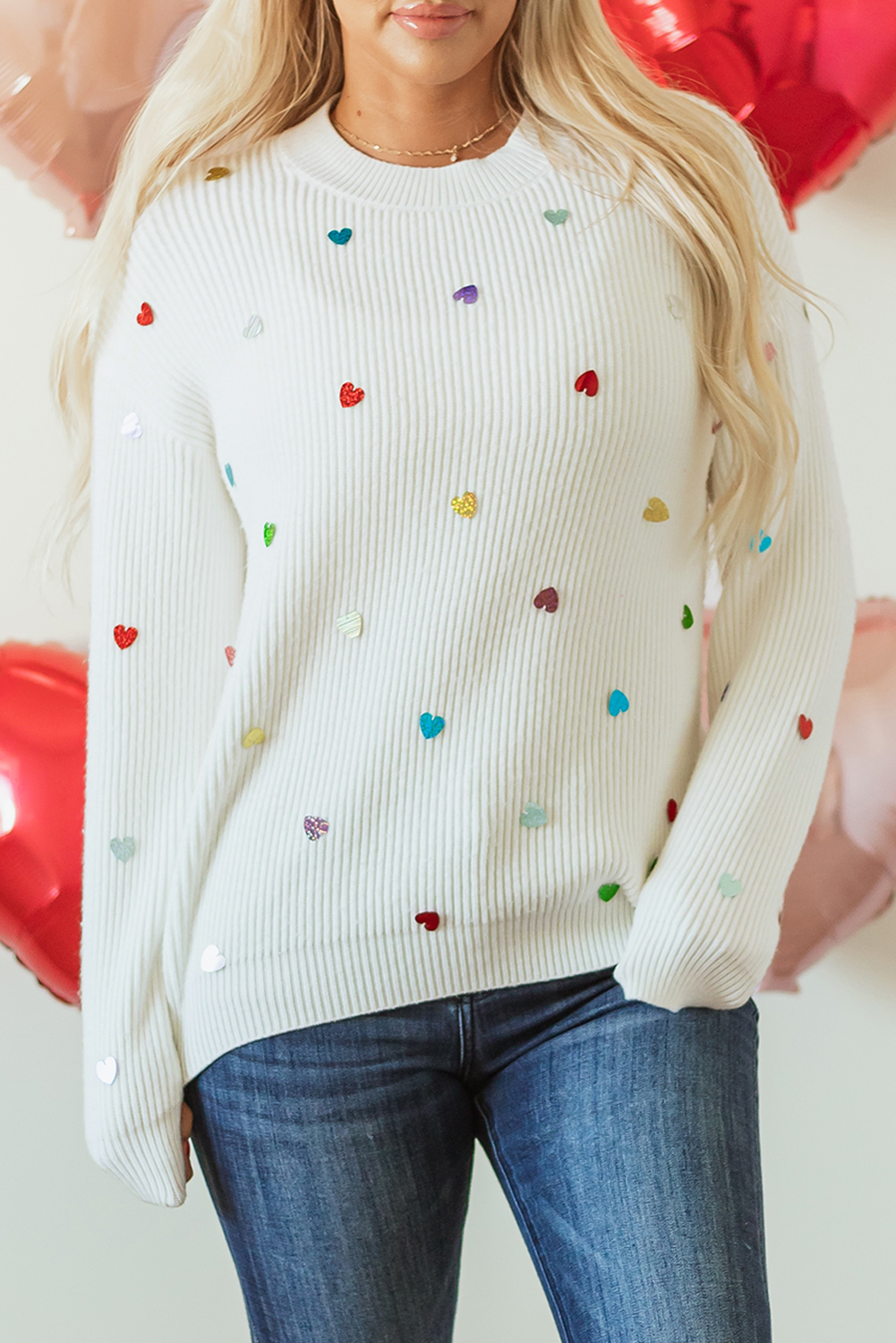 Beige Sequin Heart Shape Waffle Knit Round Neck Sweater - loveforevers