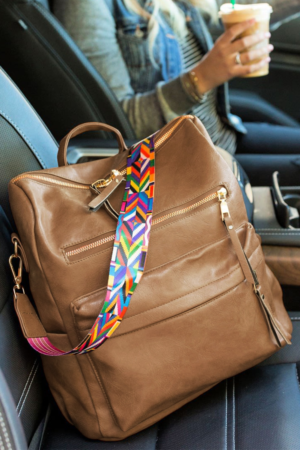 Color black Geometric Crochet Strap PU Leather Large Backpack - loveforevers