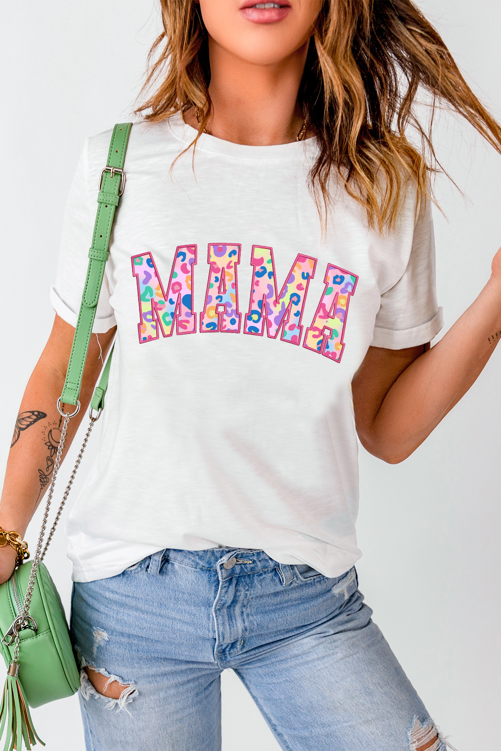 White MAMA Leopard Embroidered Crew Neck Graphic Tee - loveforevers
