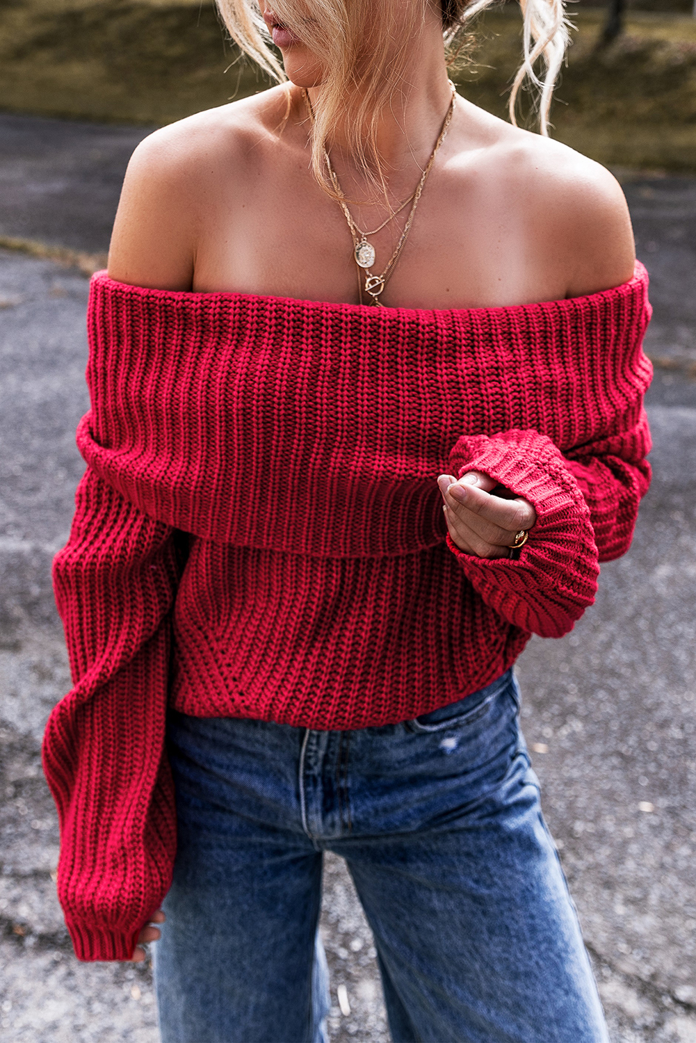 Racing Red Off-the-shoulder Knit Sweater - loveforevers