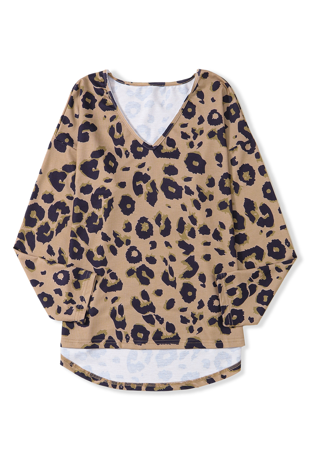 Brown Leopard Split Joint V Neck Long Sleeve Tops - loveforevers