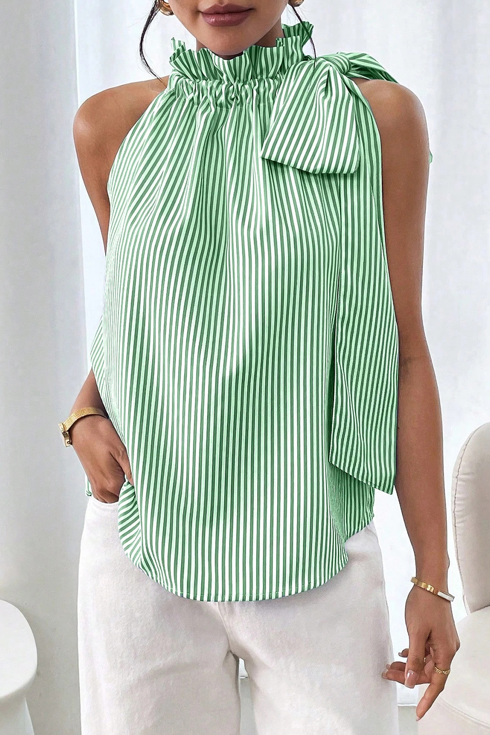 Green Tied Knot Frilled Collar Sleeveless Top - loveforevers
